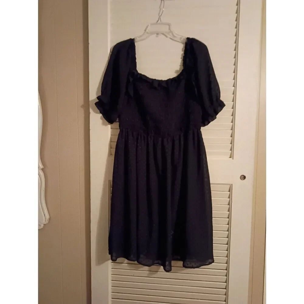 Square-Neck Black Midi Dress with Puff Sleeves - Picture 2 of 5